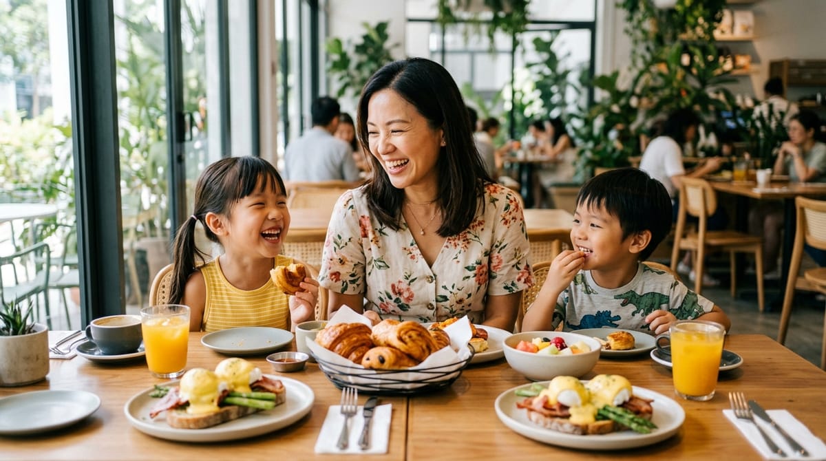Asian mother and children enjoying Mother's Day brunch in Singapore
