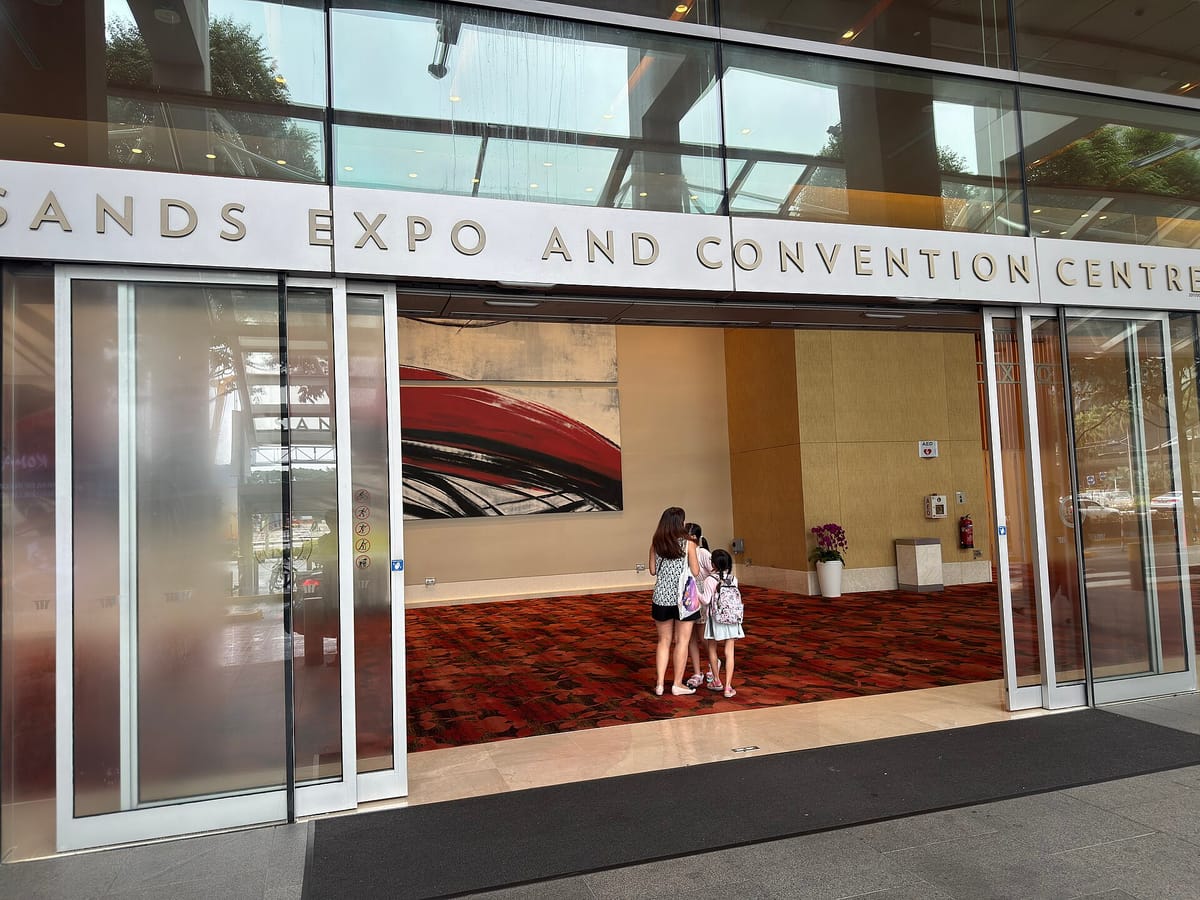 Entrance to the Marina Bay Sands Sands Expo and Convention Centre in Singapore, photographed in 2025; it does not depict POP TOY SHOW 2026.