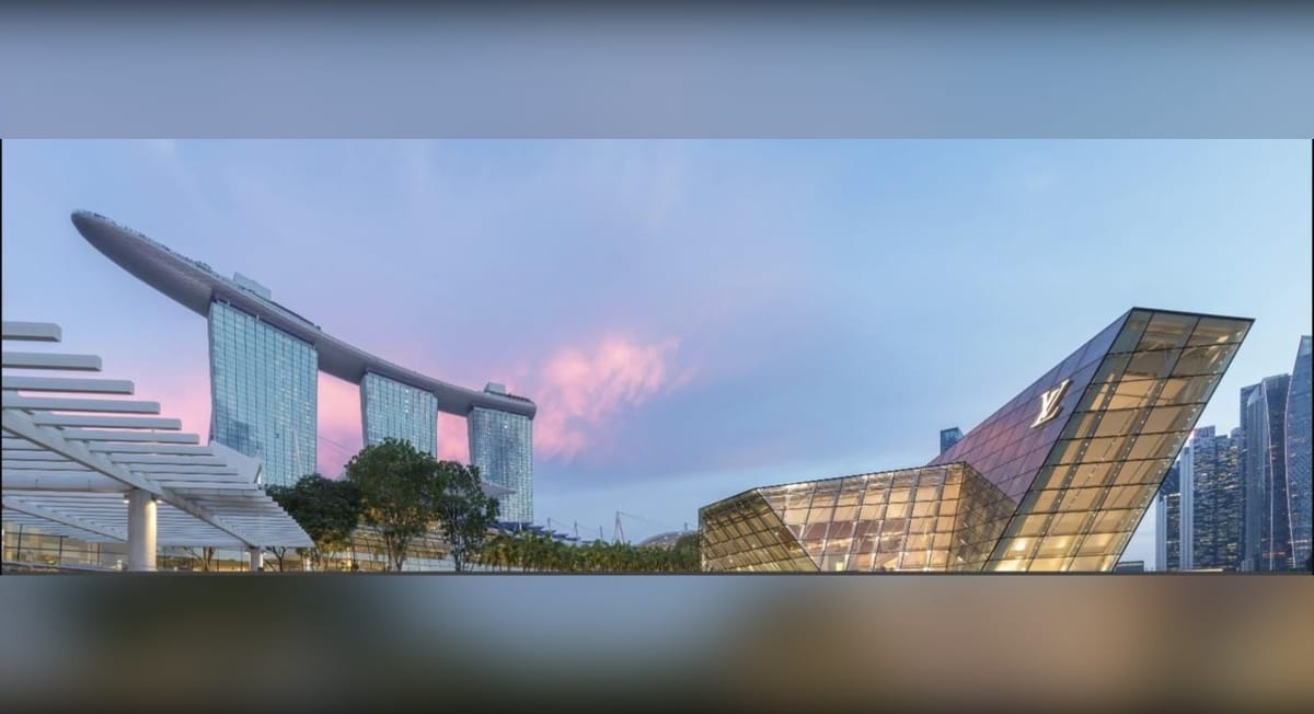 Marina Bay Sands hotel towers and ArtScience Museum area at dusk, Singapore