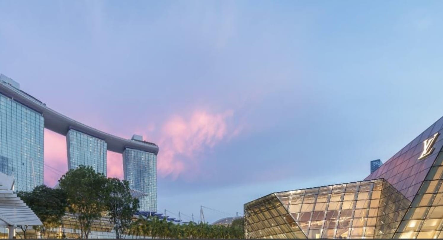 Marina Bay Sands hotel towers and ArtScience Museum area at dusk, Singapore