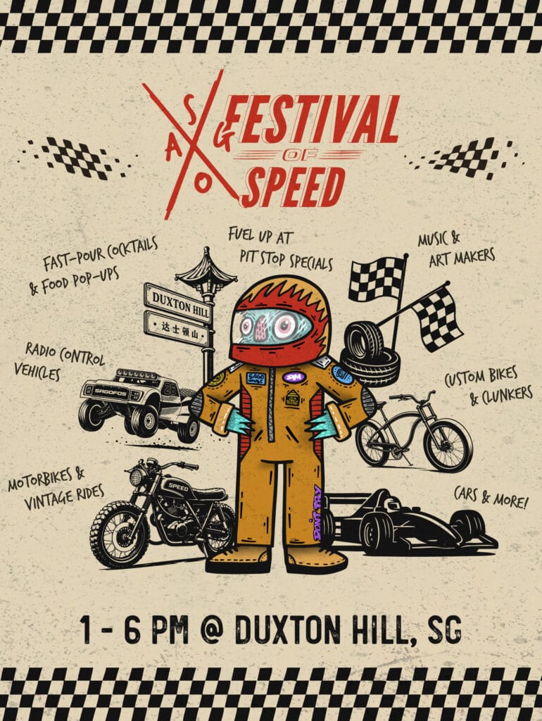 Official Sago Festival of Speed poster featuring cars, motorcycles and Duxton Hill