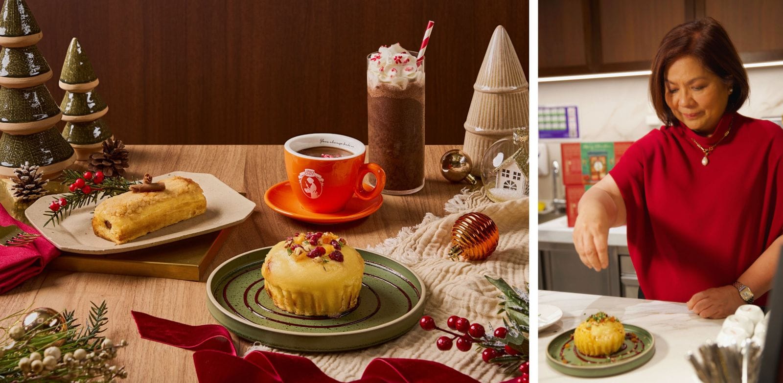 Café Mary Grace festive food and founder Mary Grace Dimacali in a supplied Christmas press composite