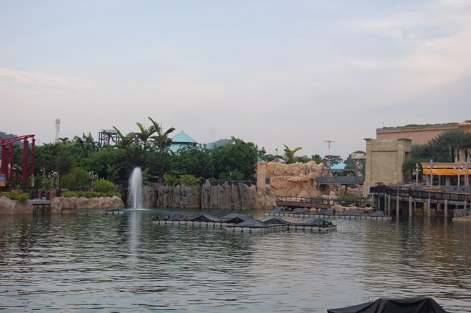 Lake and themed lands at Universal Studios Singapore, Resorts World Sentosa, seen from across the water