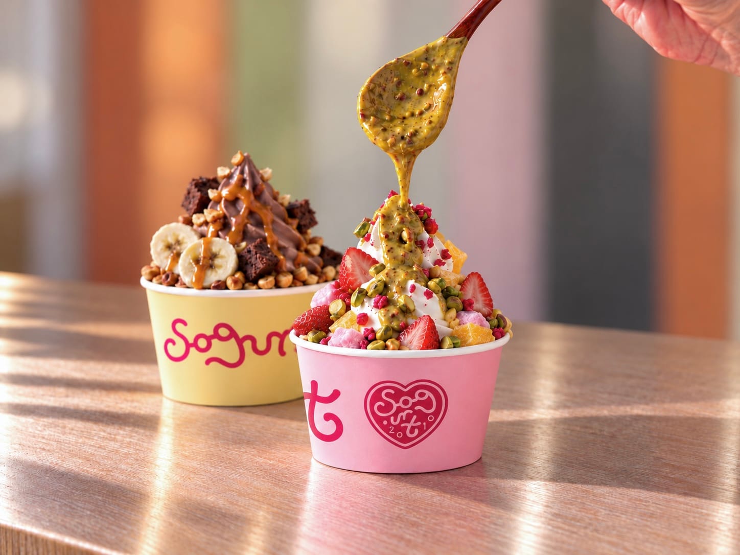 Two Sogurt frozen yoghurt cups piled with toppings, with sauce being spooned over the front cup.